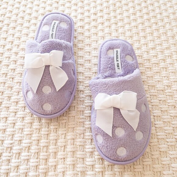 Lilac Polkadot Bow Soft Cozy Slippers - Picture 1 of 2